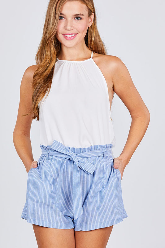 Paper Bag W/bow Tie Yarn Dye Stripe Short Pants