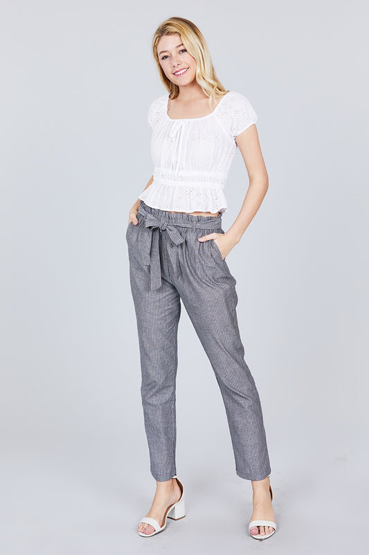 Paper Bag W/bow Tie Yarn Dye Stripe Long Pants