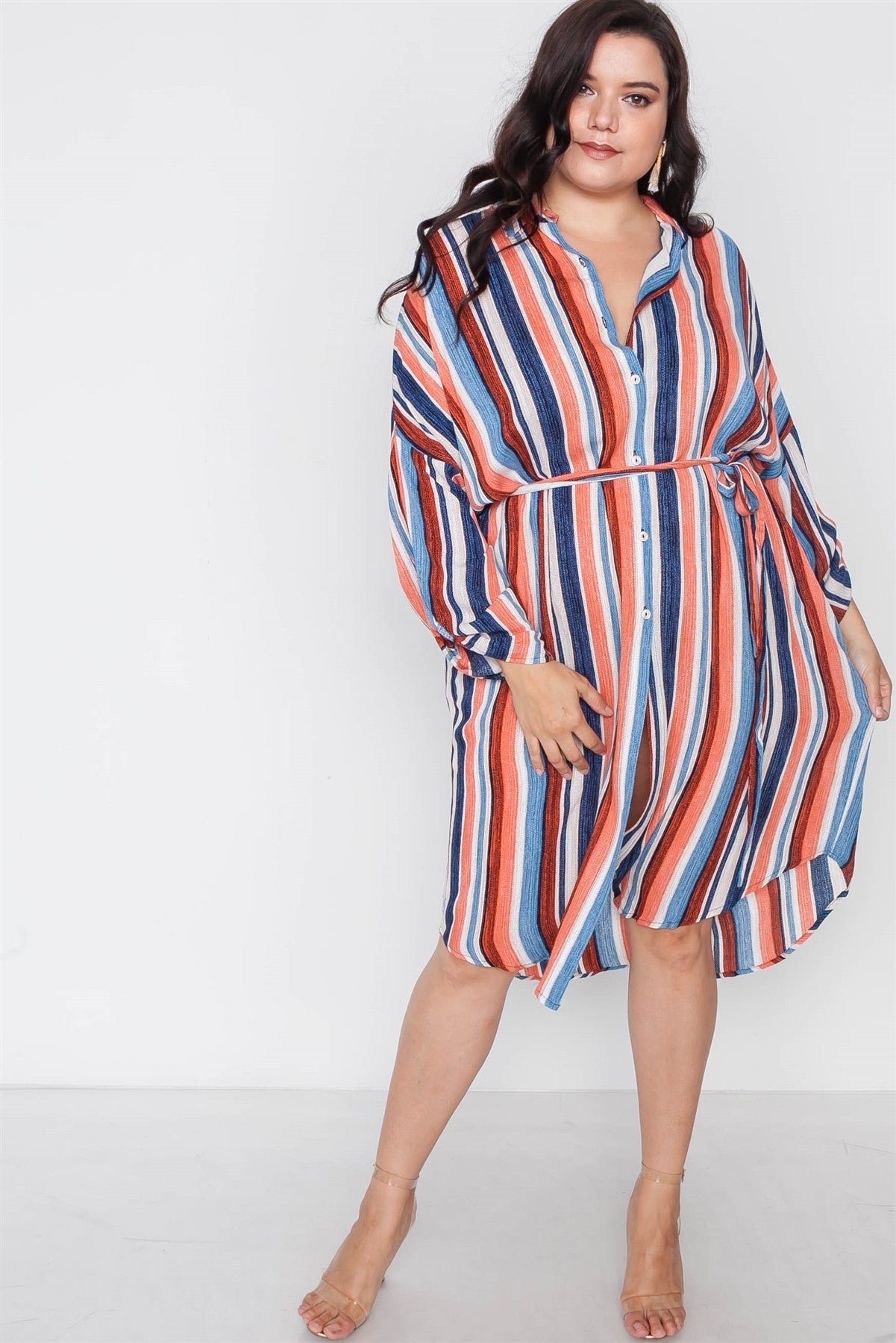 Plus Size Stripe Button Down Shirt Dress