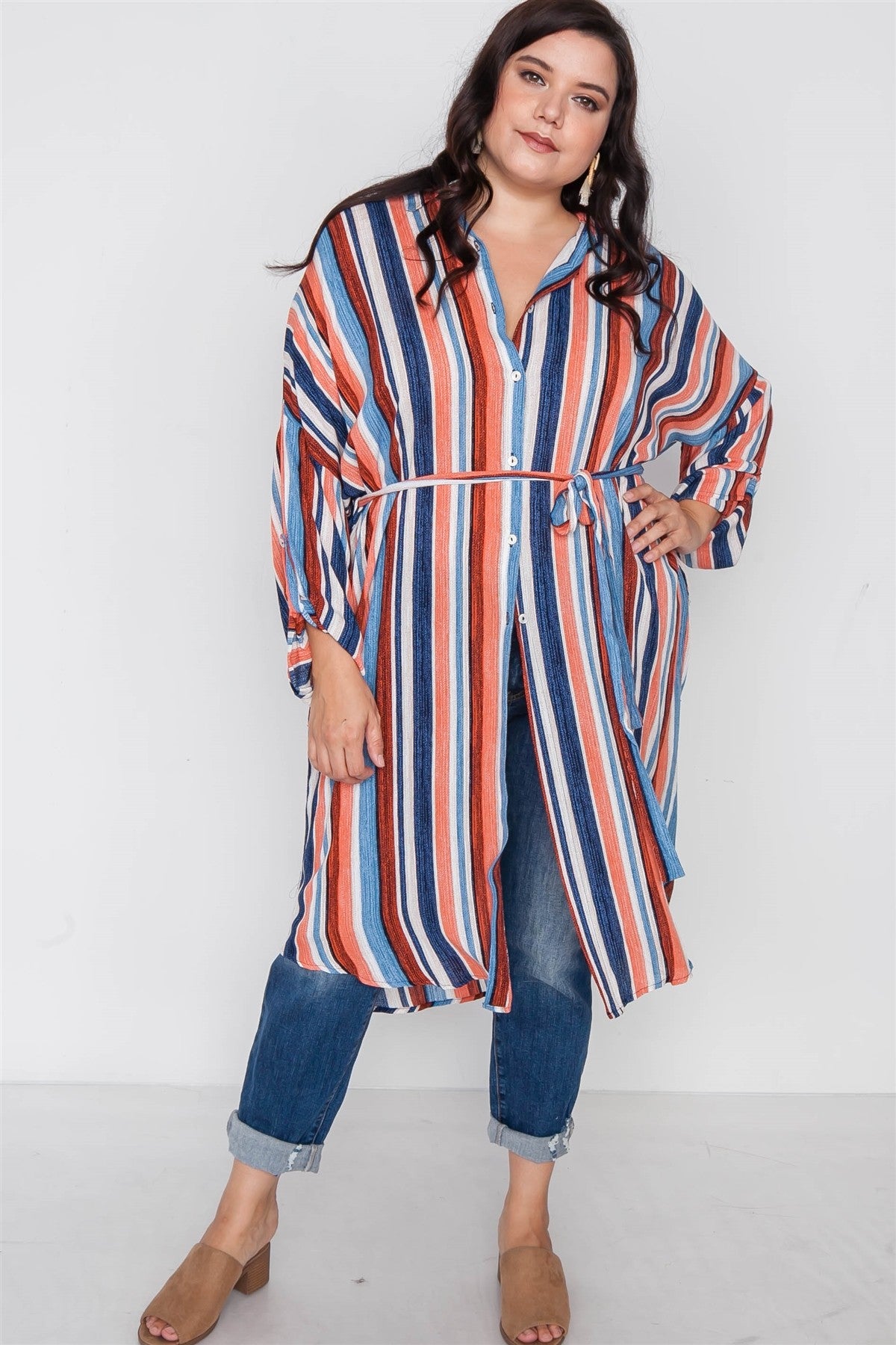 Plus Size Stripe Button Down Shirt Dress