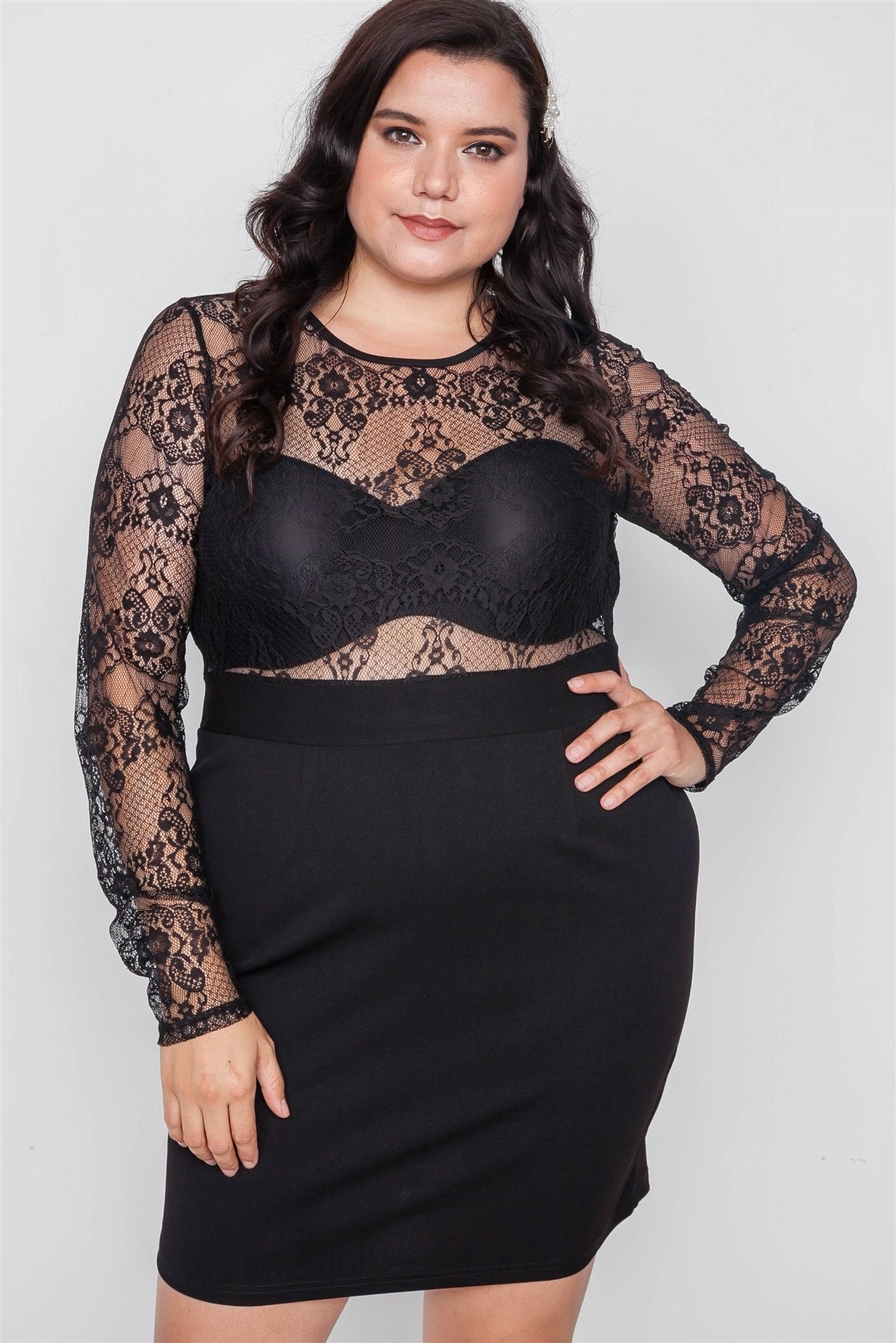 Plus Size Combo Lace Long Sleeve Dress