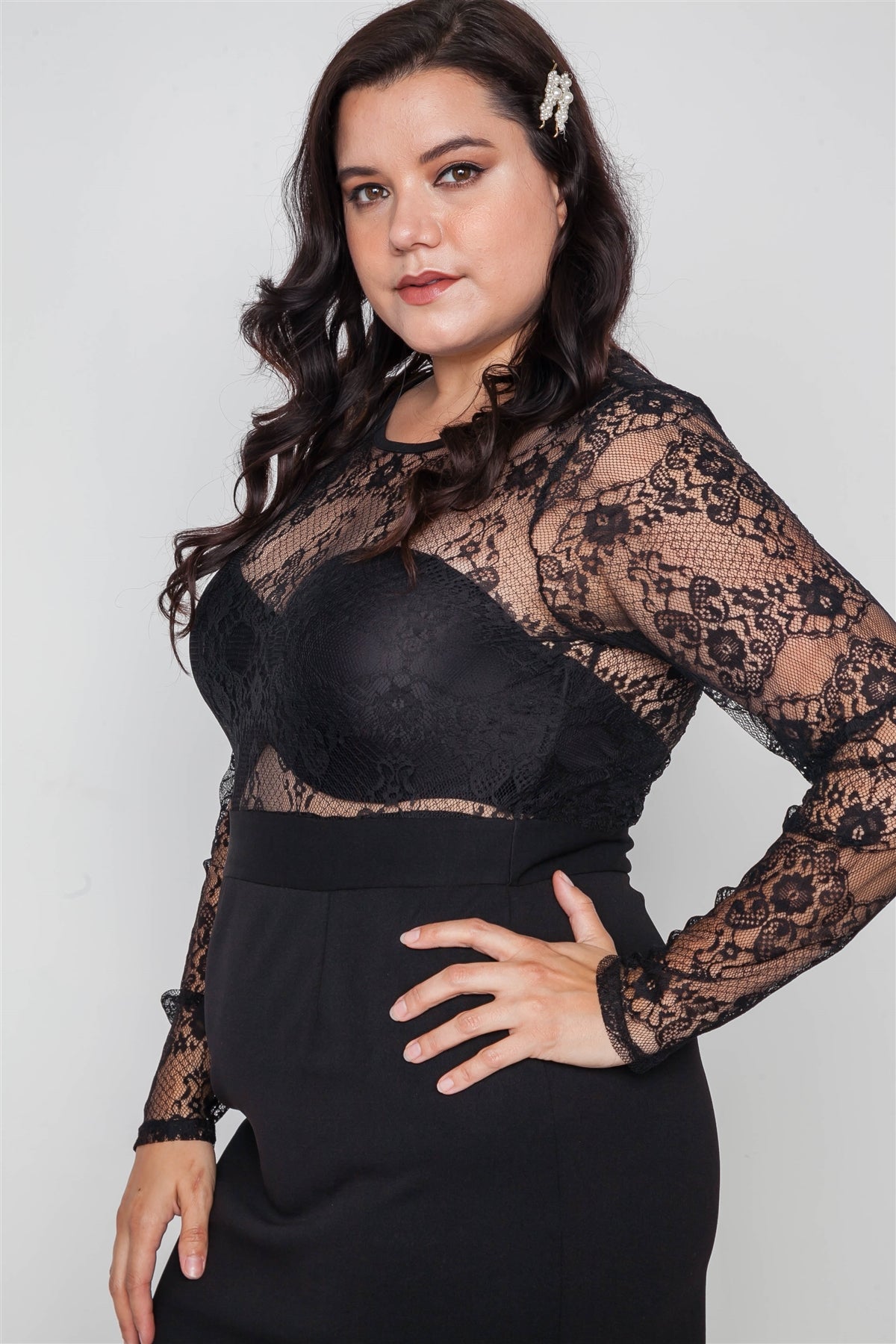 Plus Size Combo Lace Long Sleeve Dress