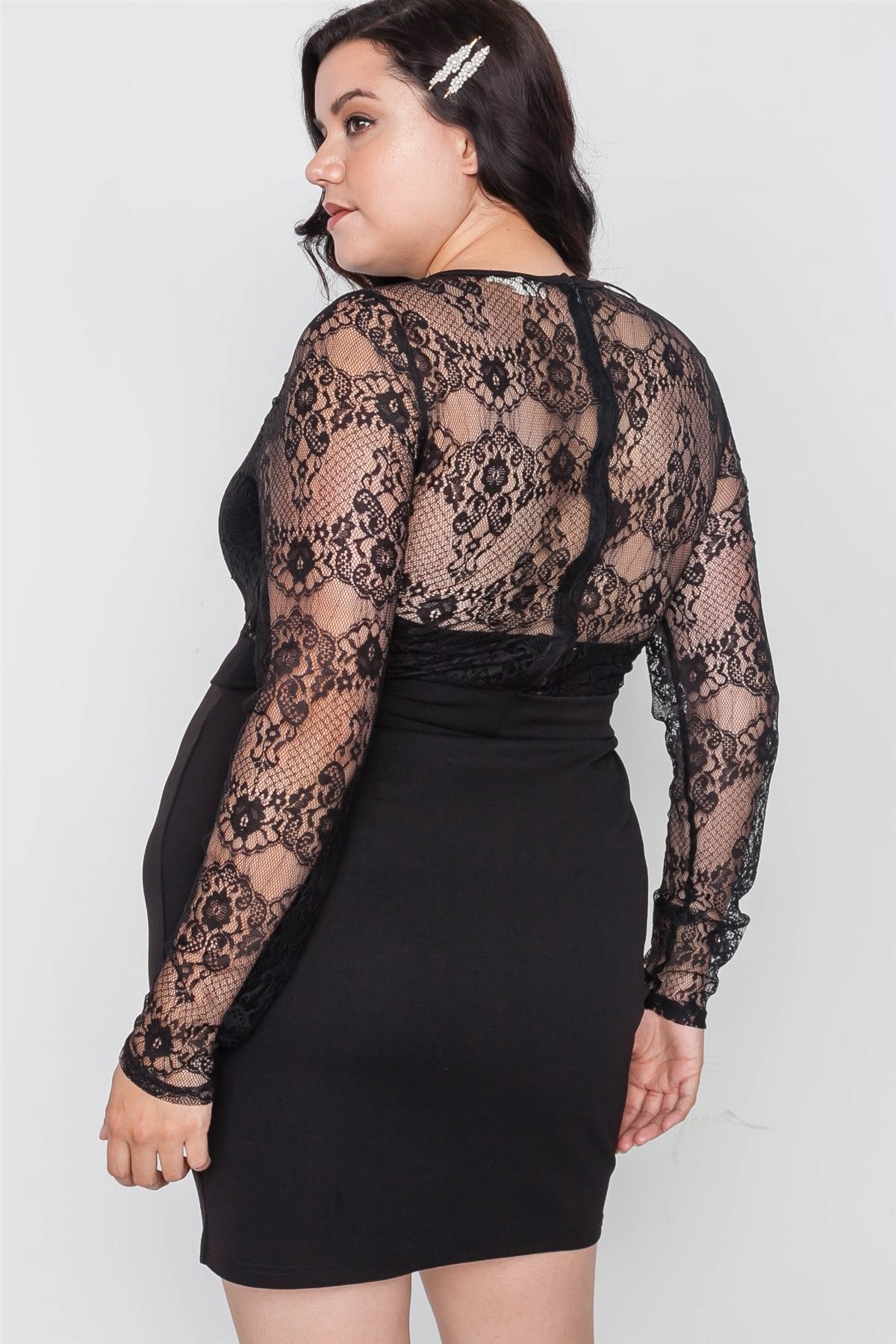 Plus Size Combo Lace Long Sleeve Dress