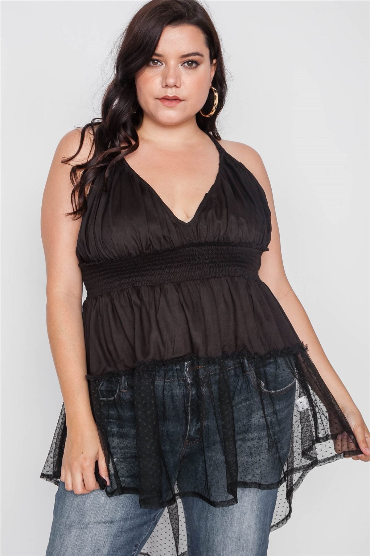 Plus Size Smocked Combo Mesh Top