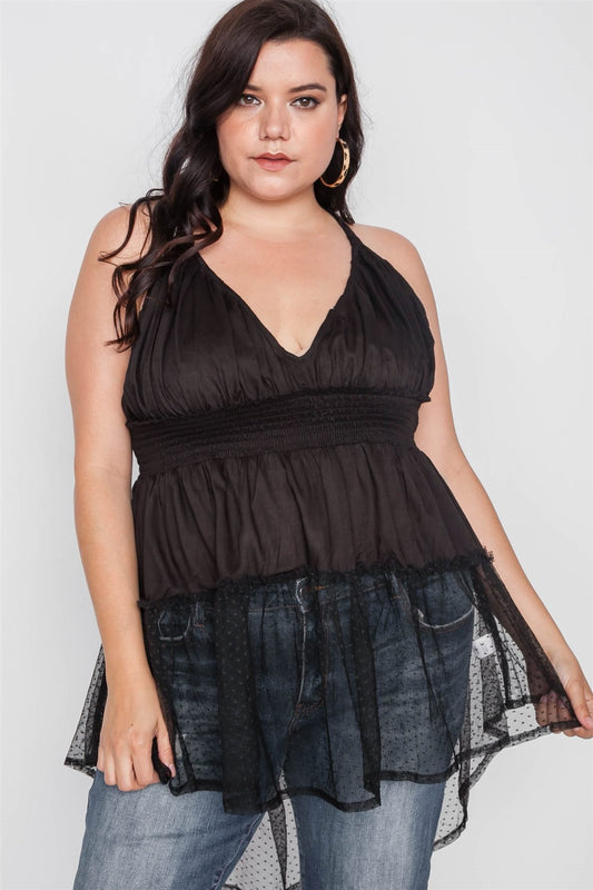 Plus Size Smocked Combo Mesh Top