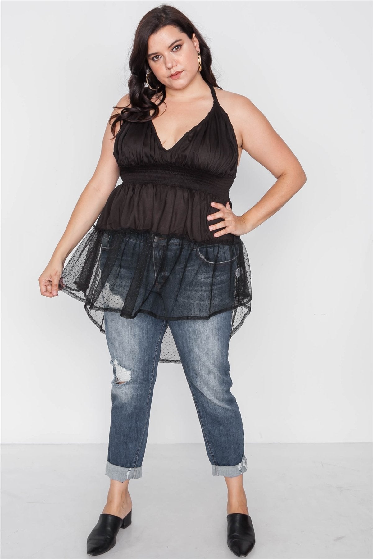 Plus Size Smocked Combo Mesh Top