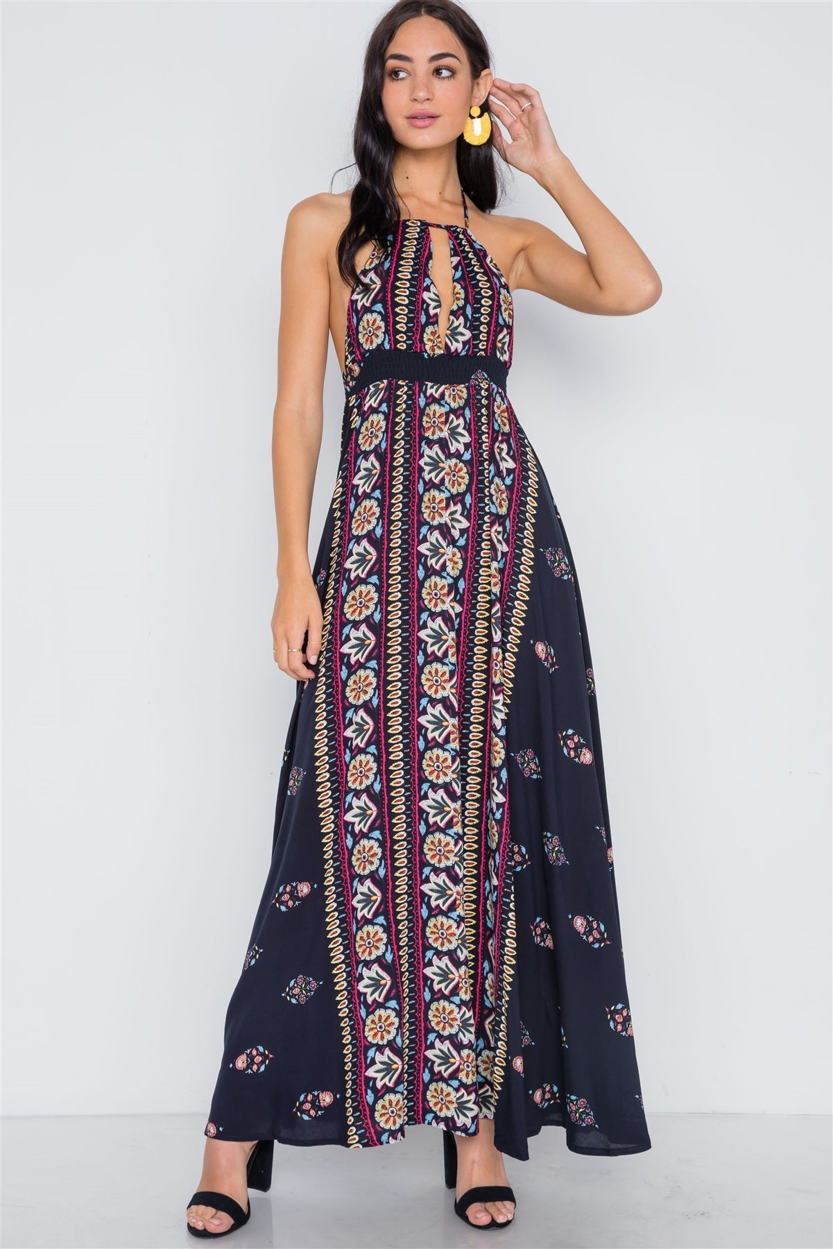 Navy Mustard Halter Neck Multi Print Maxi Dress