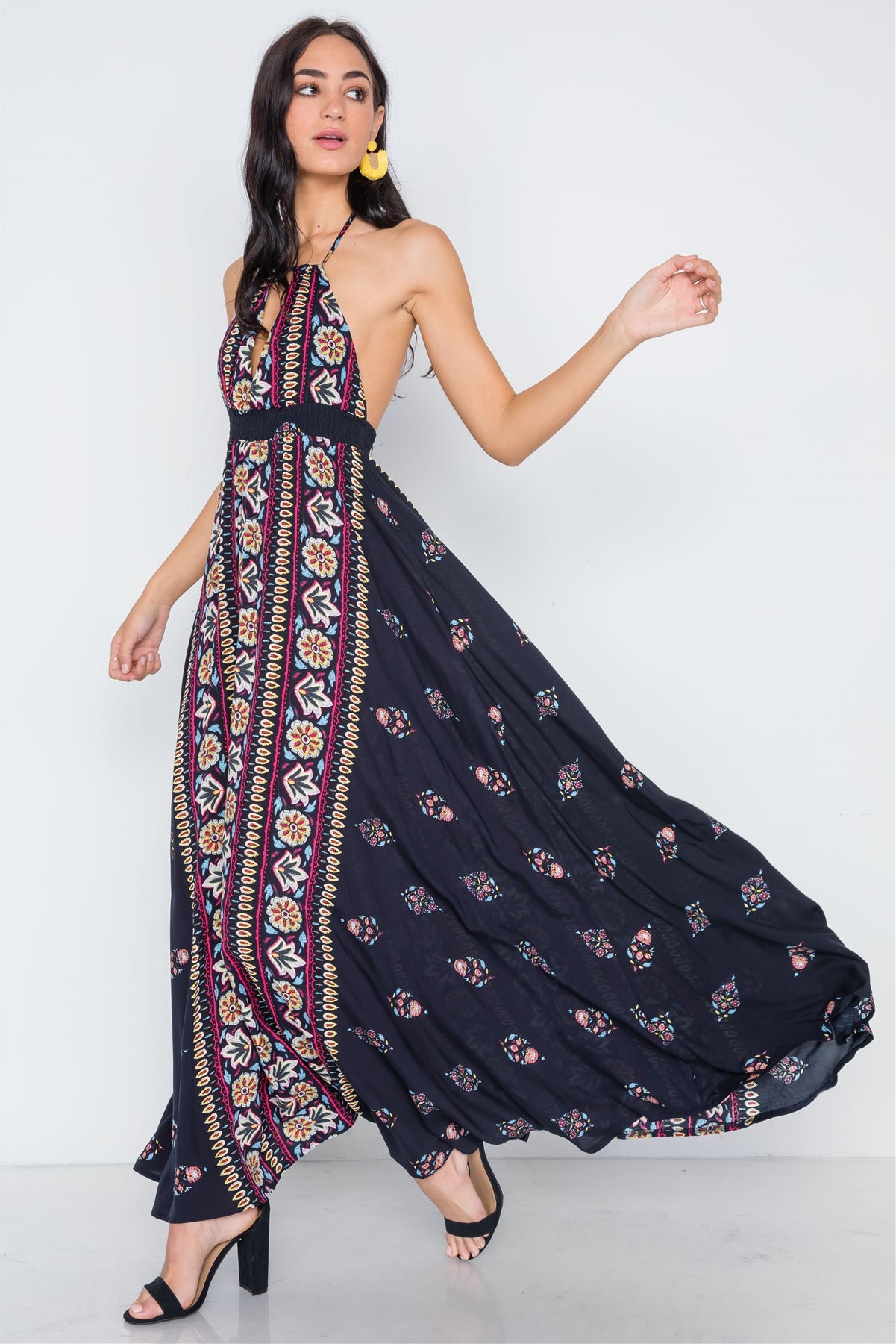 Navy Mustard Halter Neck Multi Print Maxi Dress