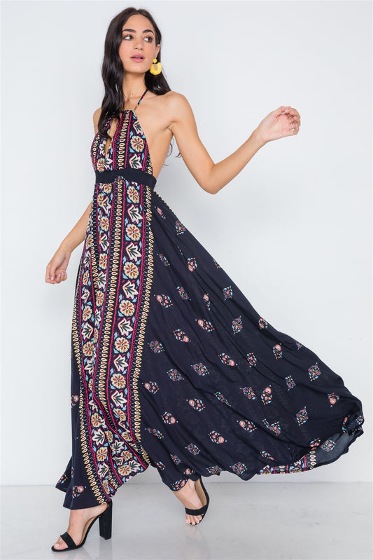 Navy Mustard Halter Neck Multi Print Maxi Dress