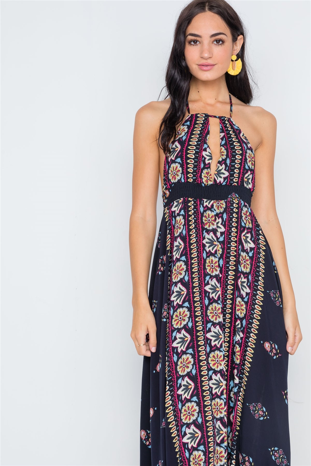 Navy Mustard Halter Neck Multi Print Maxi Dress