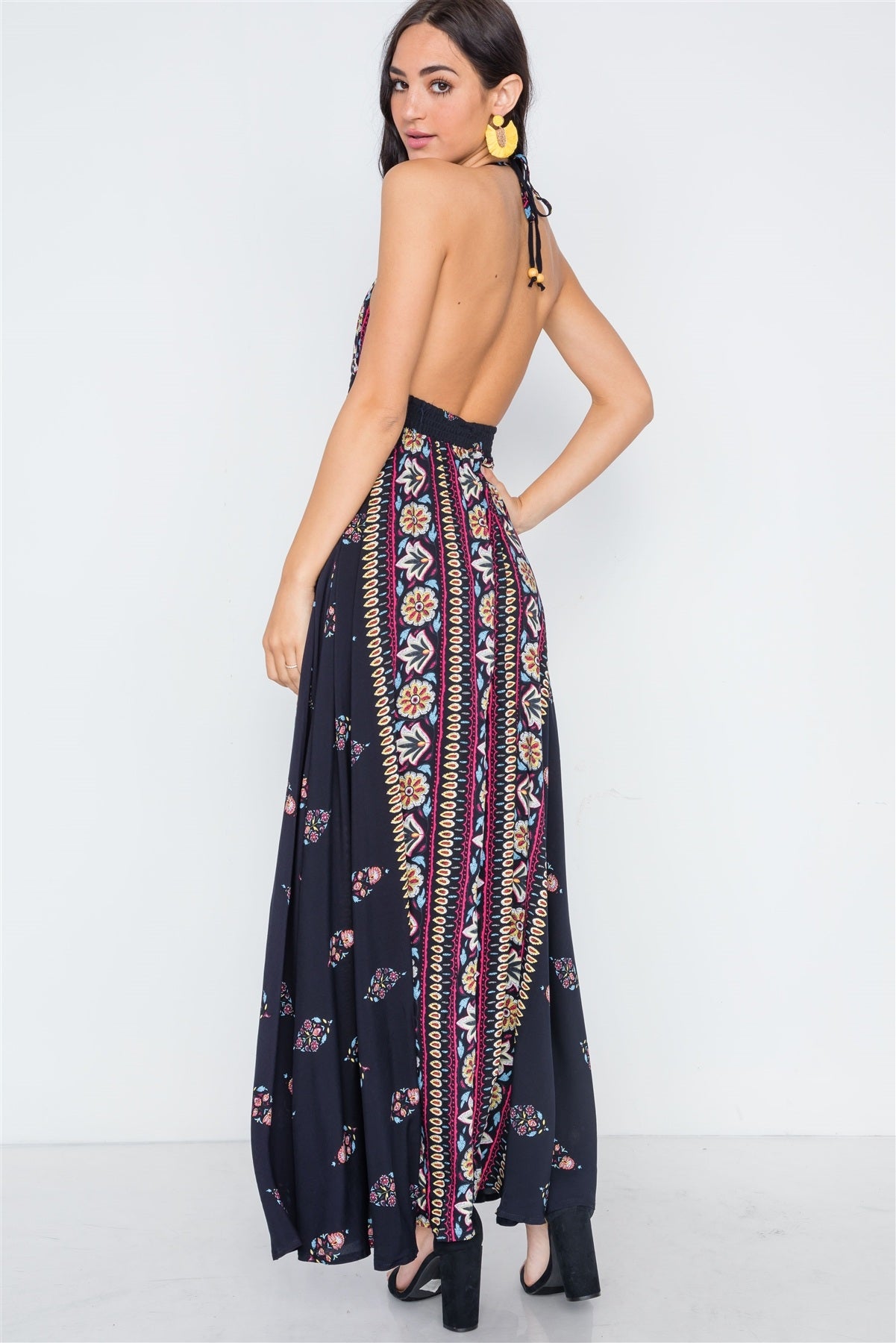Navy Mustard Halter Neck Multi Print Maxi Dress