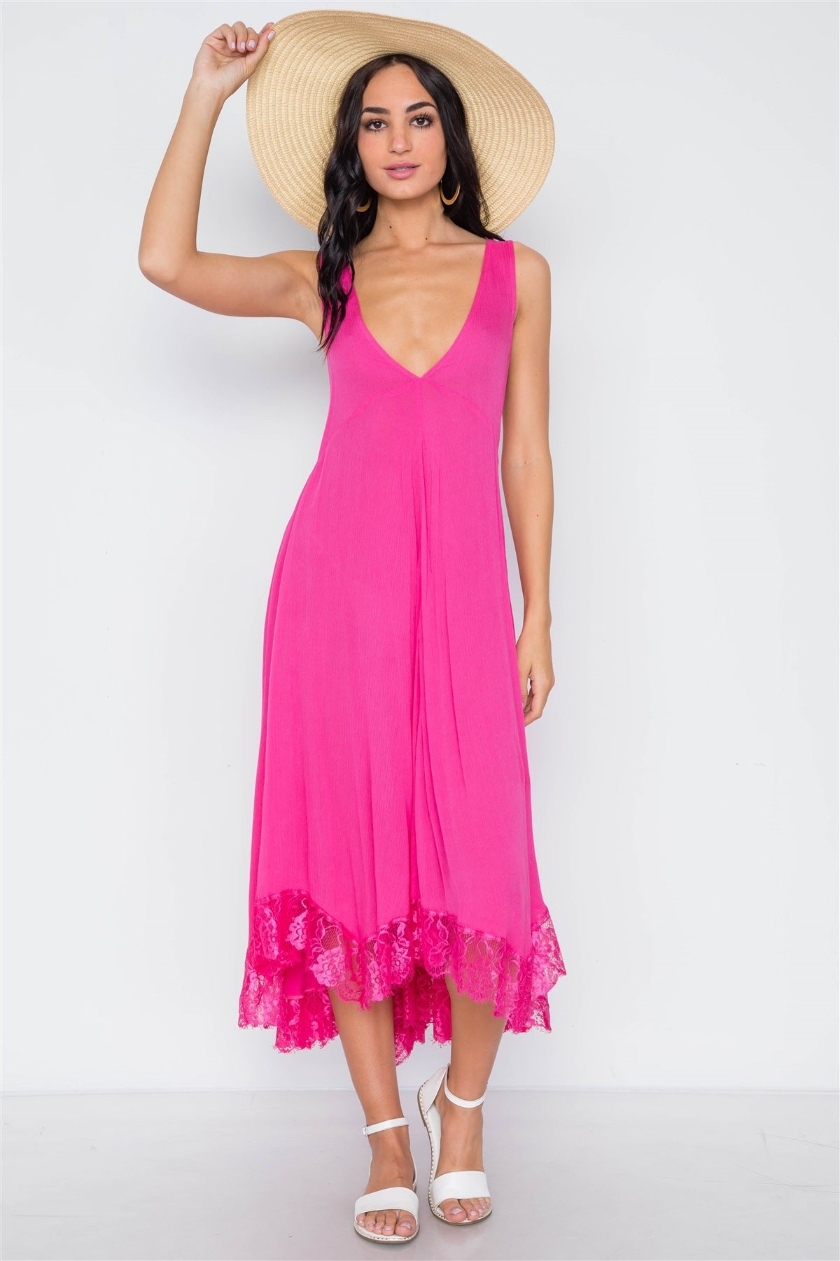 Pink Yarrow Deep Plunging V Neckline Loose Maxi Dress