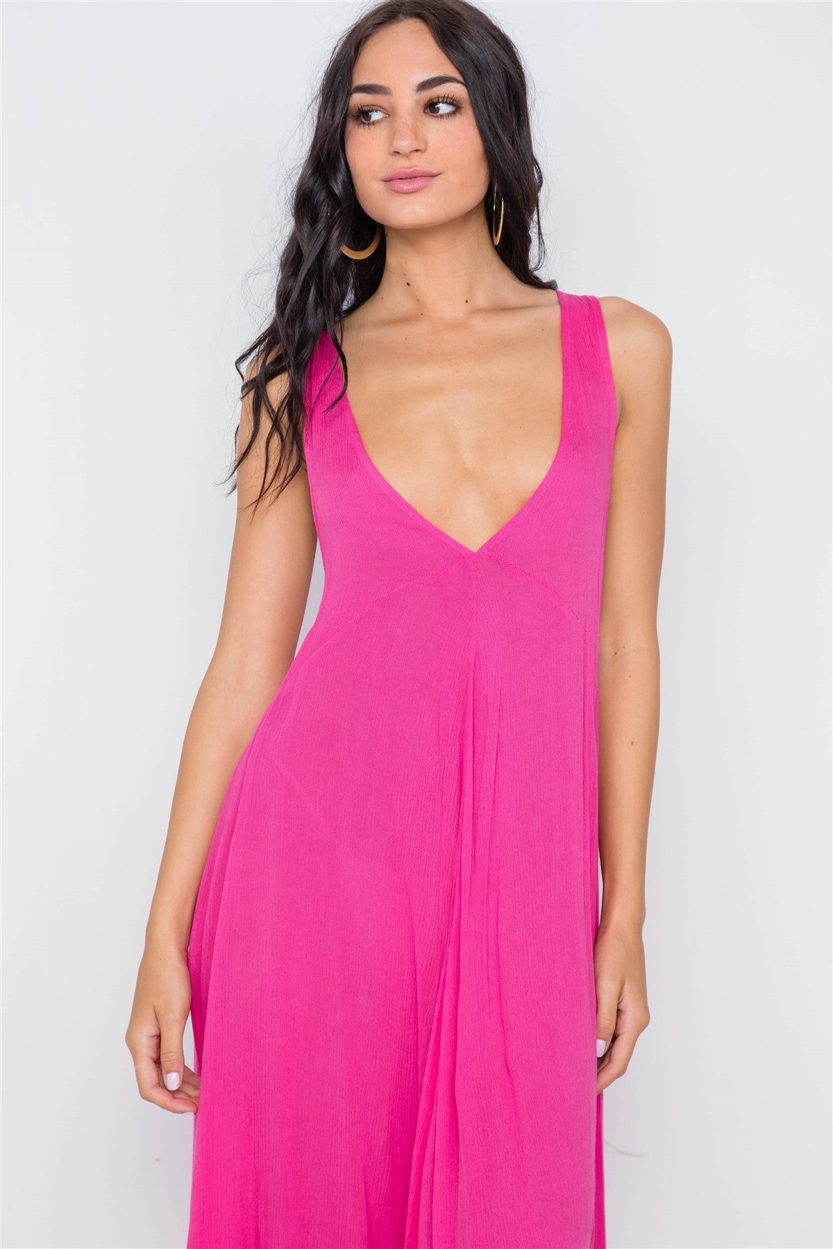 Pink Yarrow Deep Plunging V Neckline Loose Maxi Dress