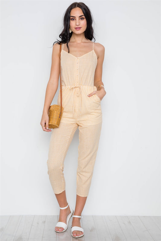 Yellow Cami Strap Gingham Open Back Boho Jumpsuit