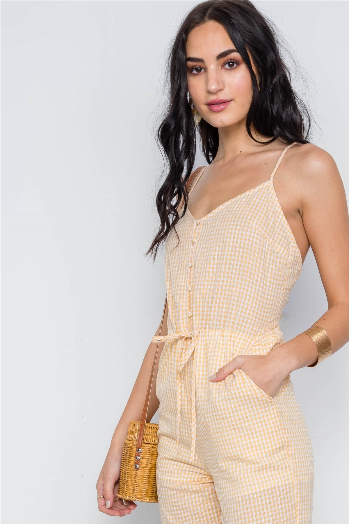 Yellow Cami Strap Gingham Open Back Boho Jumpsuit