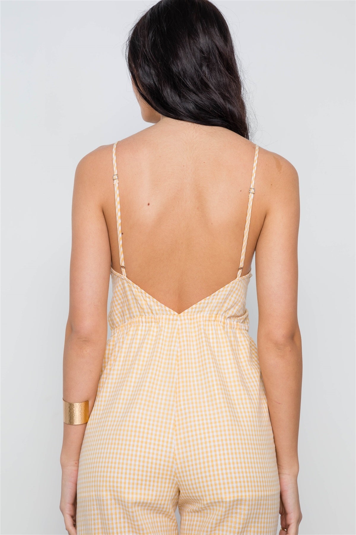 Yellow Cami Strap Gingham Open Back Boho Jumpsuit