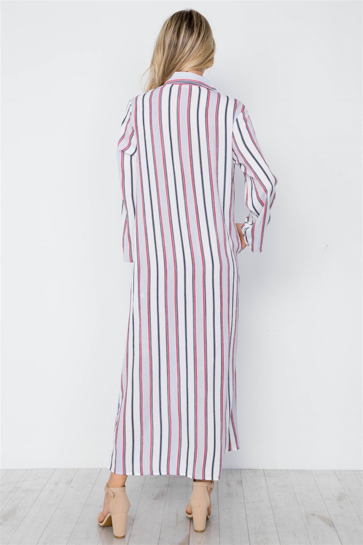 Blue Multi Stripe Button Down Maxi Blouse Shirt