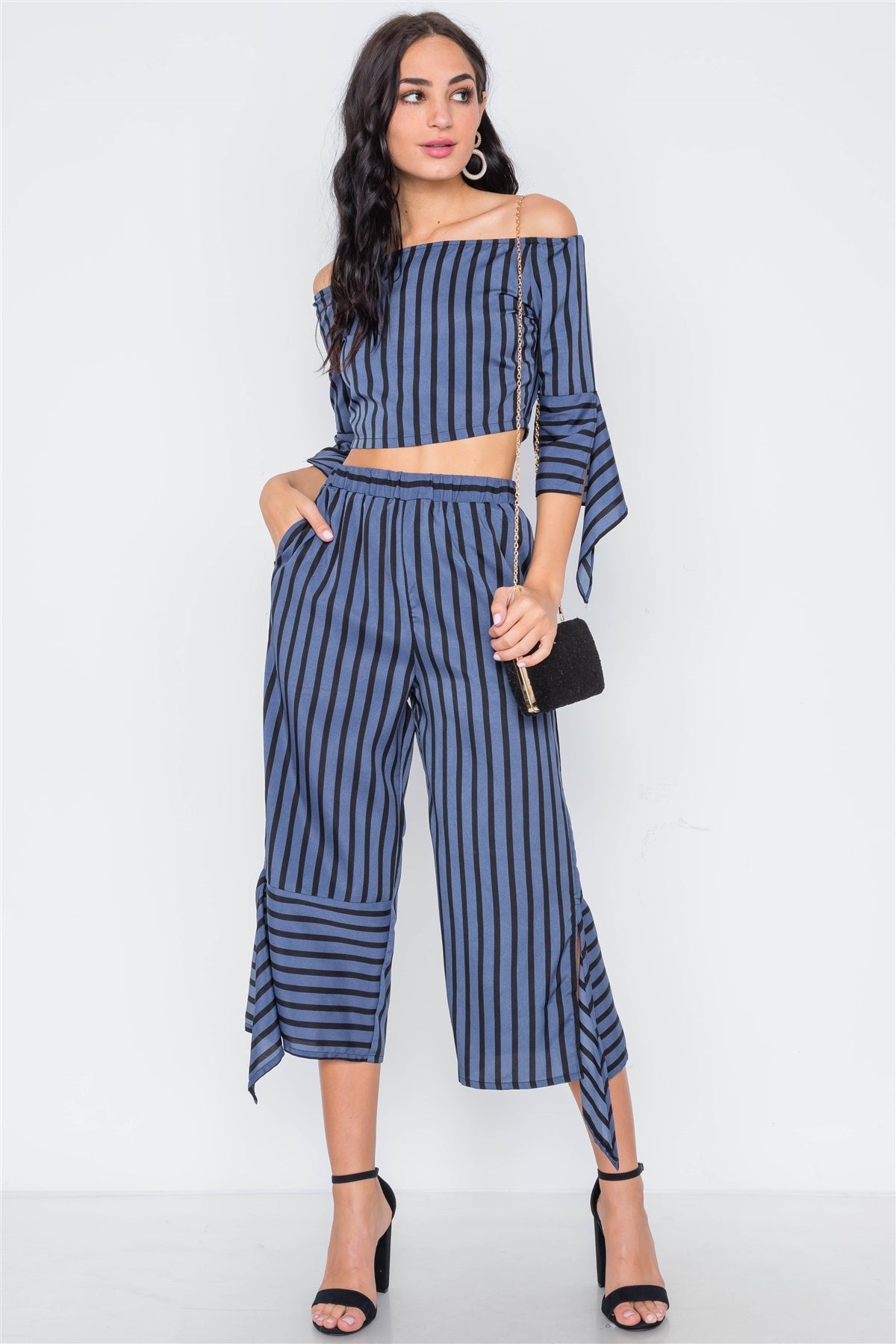 Stripe Flounce Two Piece Top Pants Set
