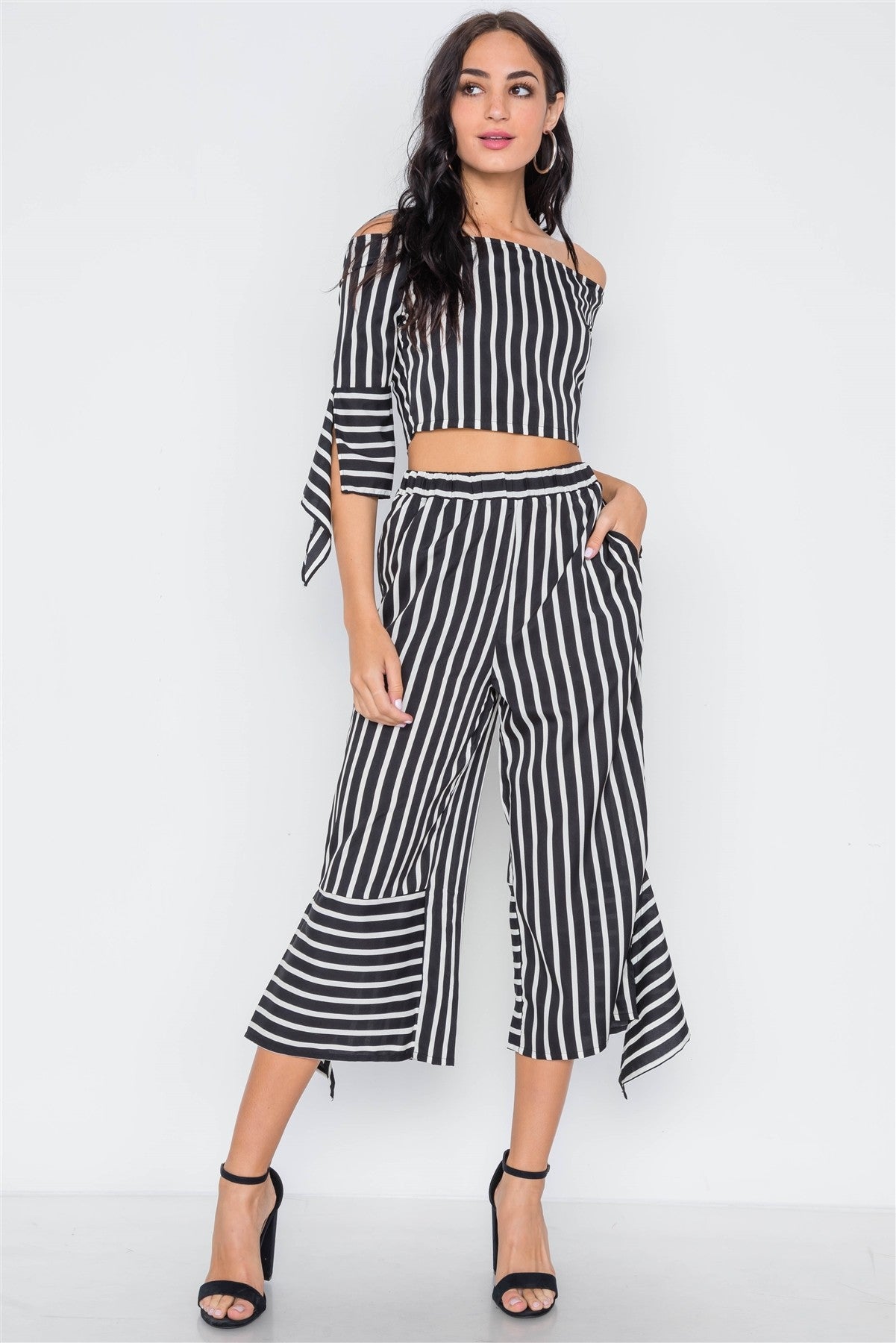 Stripe Flounce Two Piece Top Pants Set