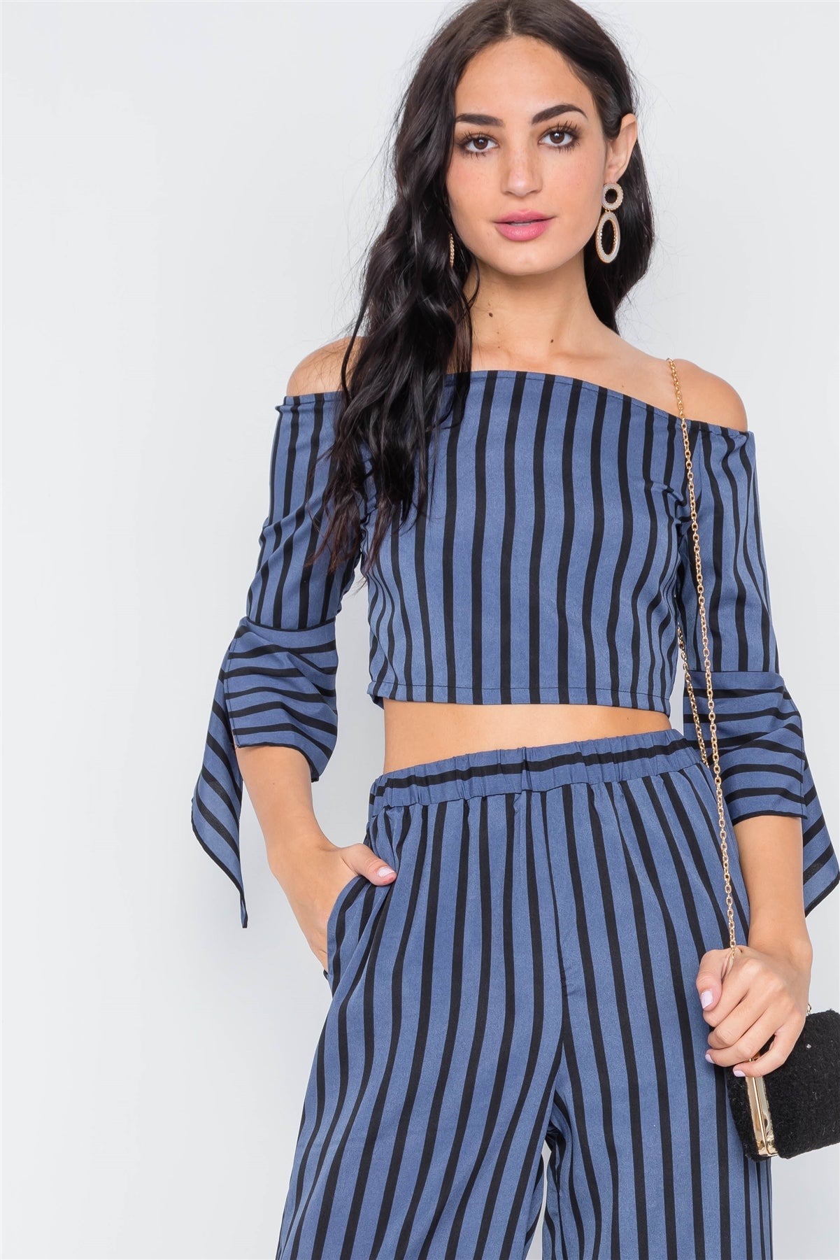 Stripe Flounce Two Piece Top Pants Set