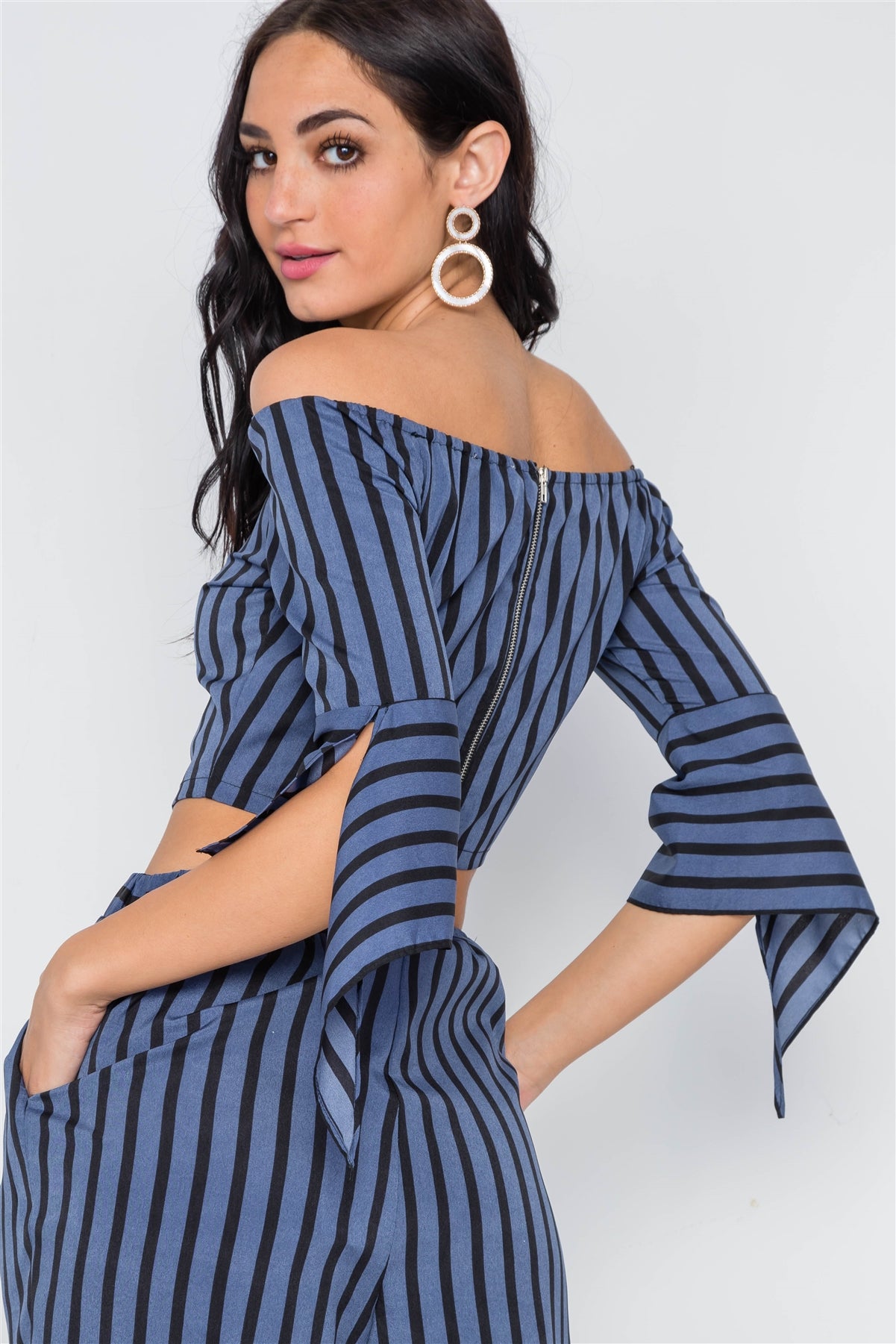 Stripe Flounce Two Piece Top Pants Set