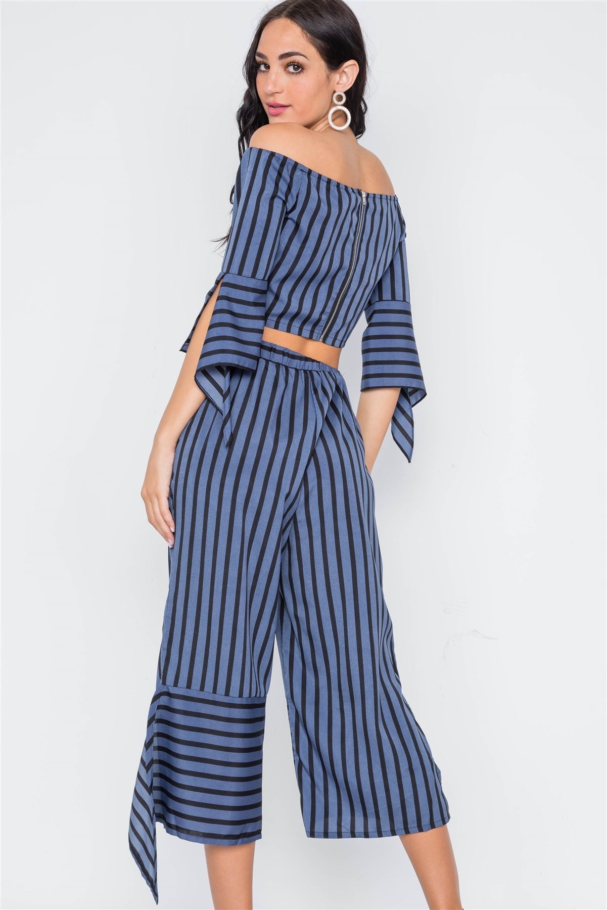 Stripe Flounce Two Piece Top Pants Set
