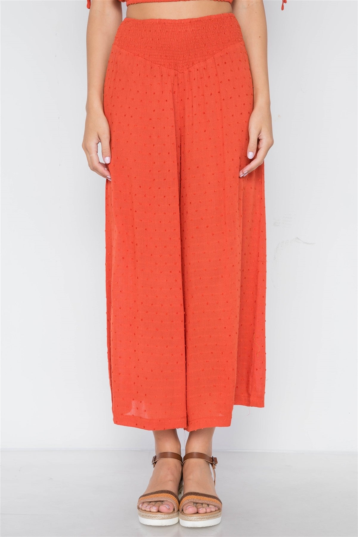 Orange Rust Smocked High-waist Wide Leg Pants