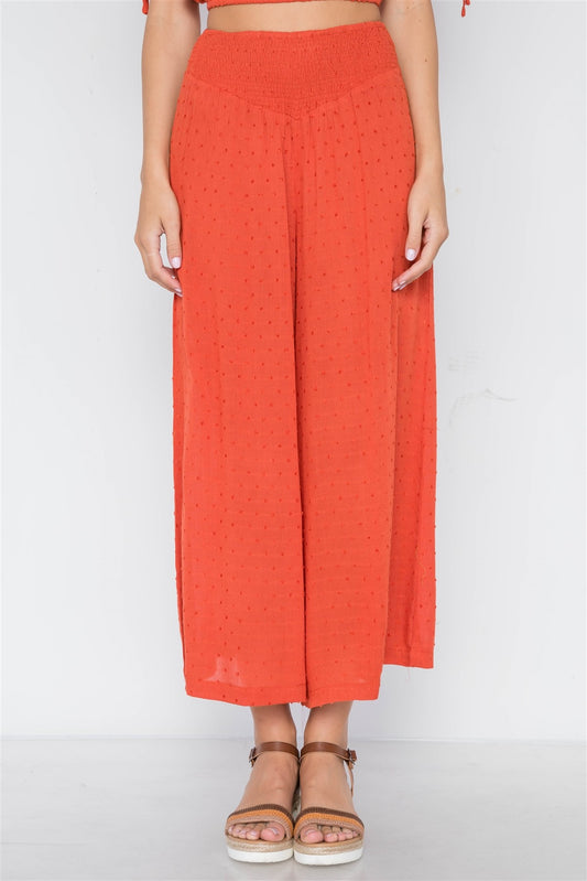 Orange Rust Smocked High-waist Wide Leg Pants