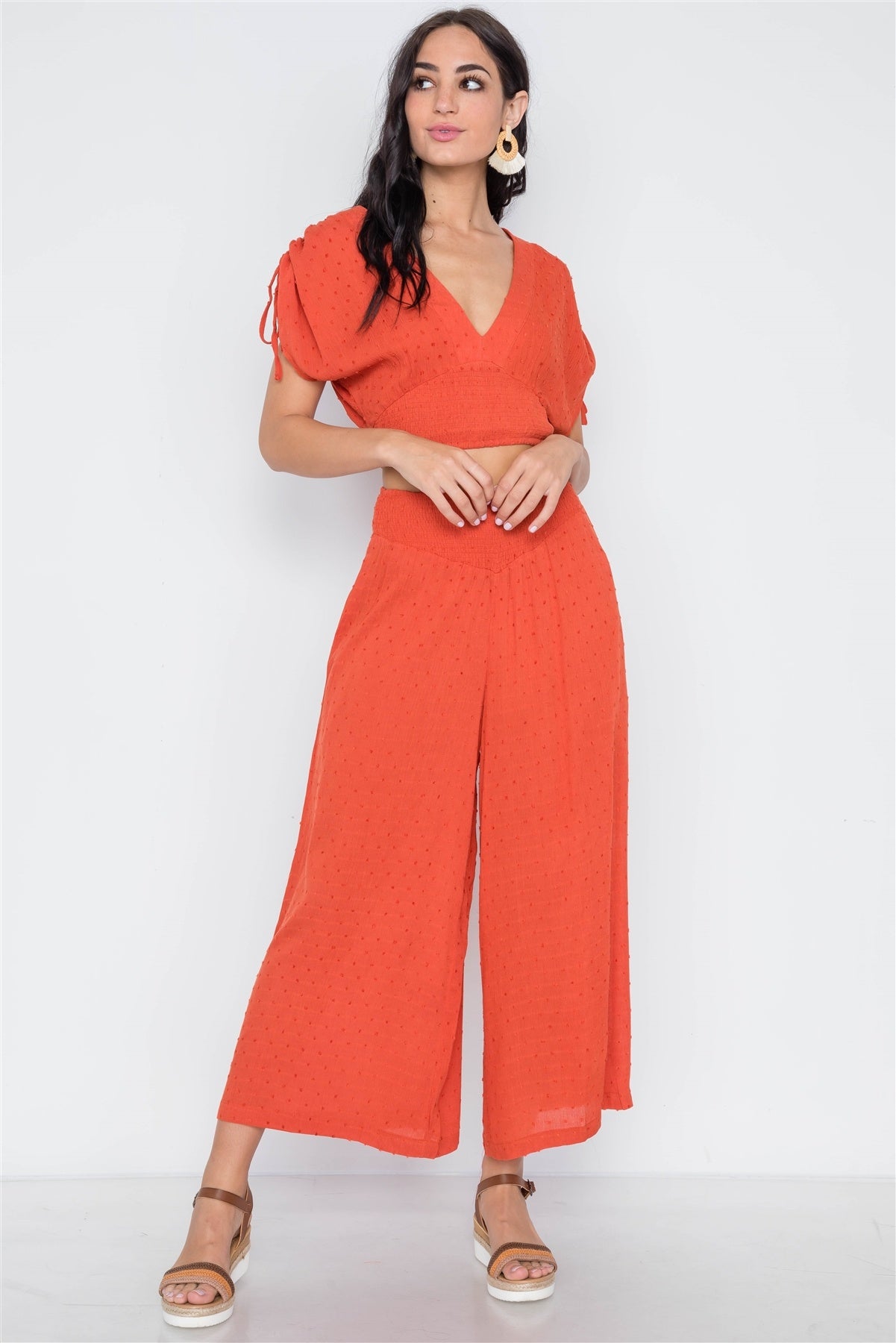 Orange Rust Smocked High-waist Wide Leg Pants