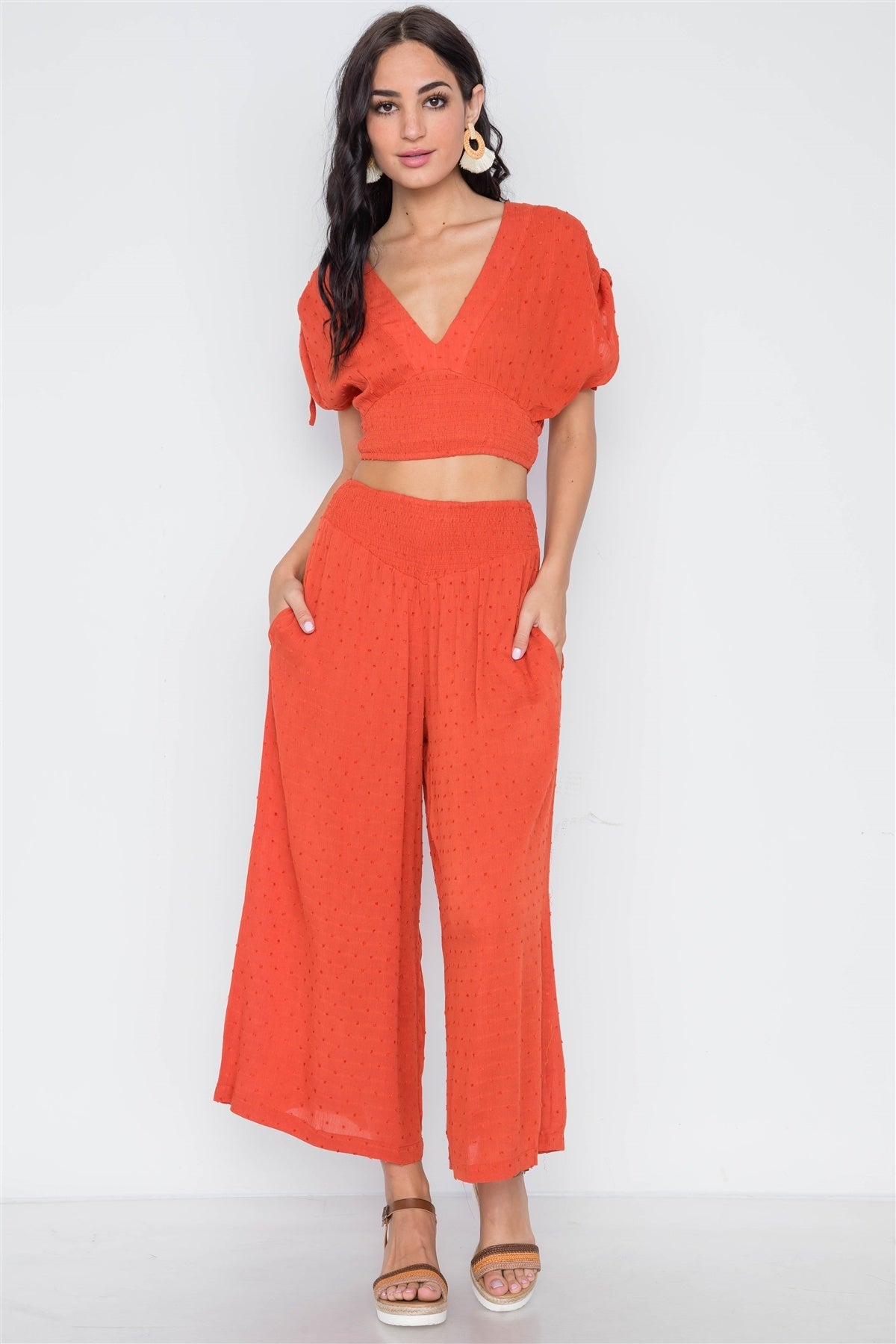 Orange Rust Smocked High-waist Wide Leg Pants