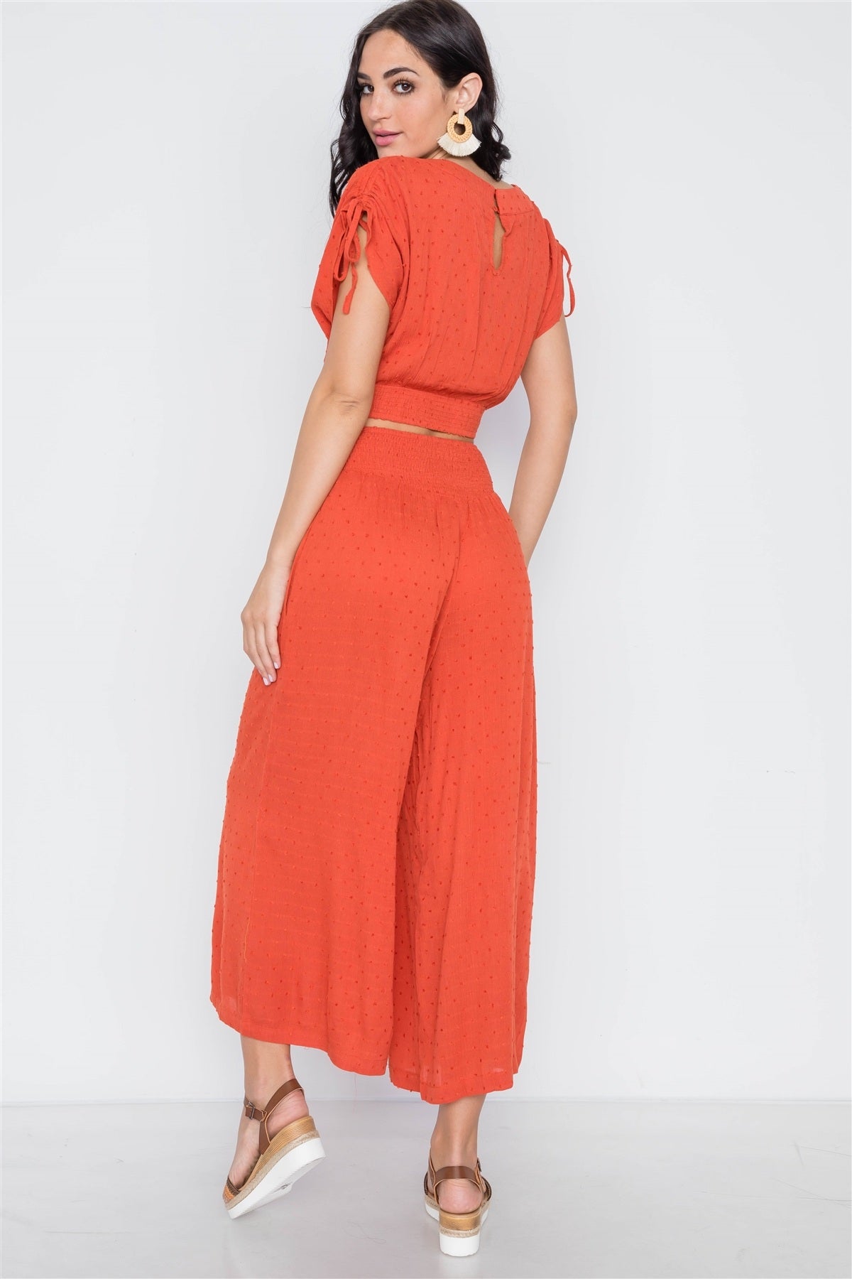 Orange Rust Smocked High-waist Wide Leg Pants