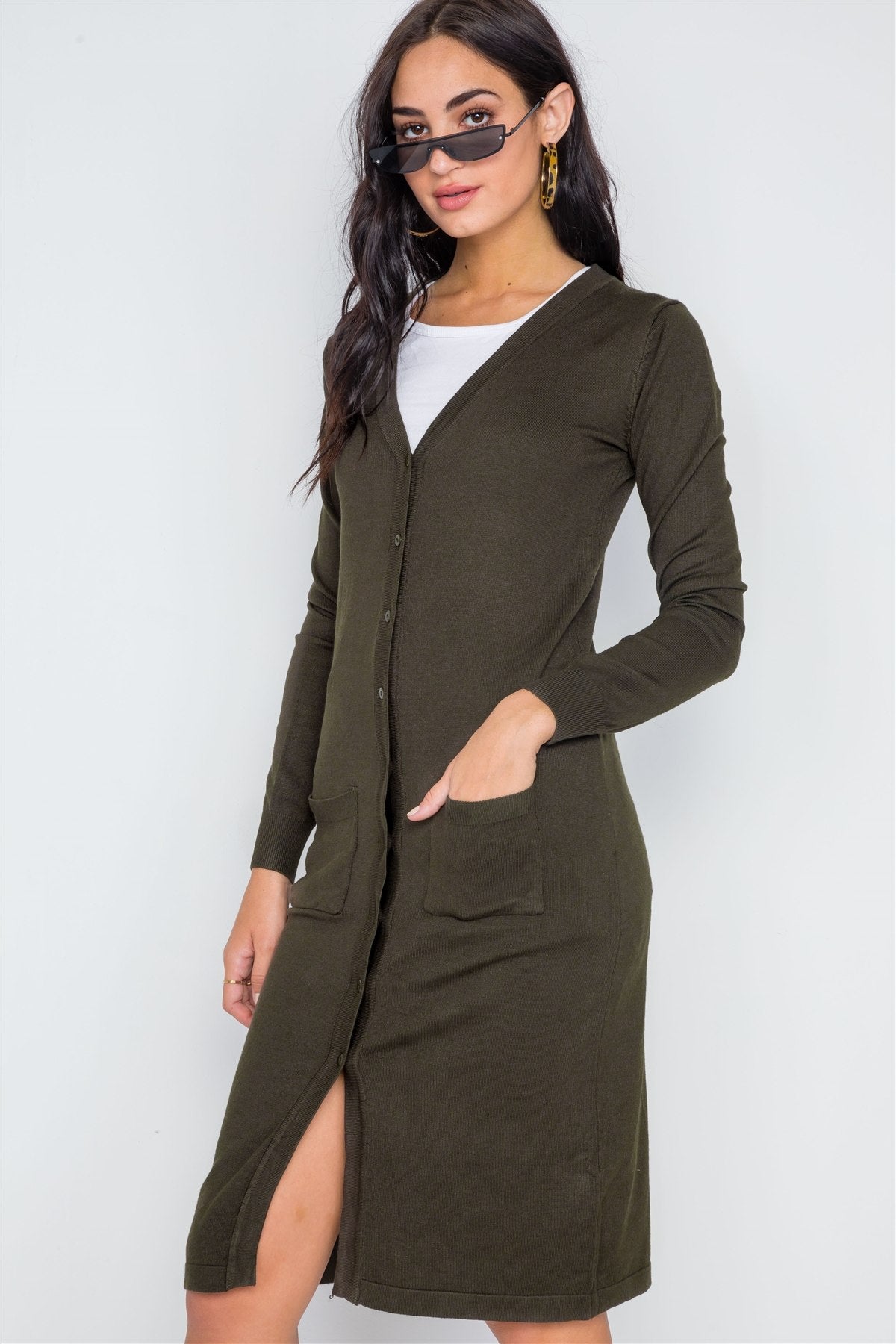 Button Front Long Line Cardigan