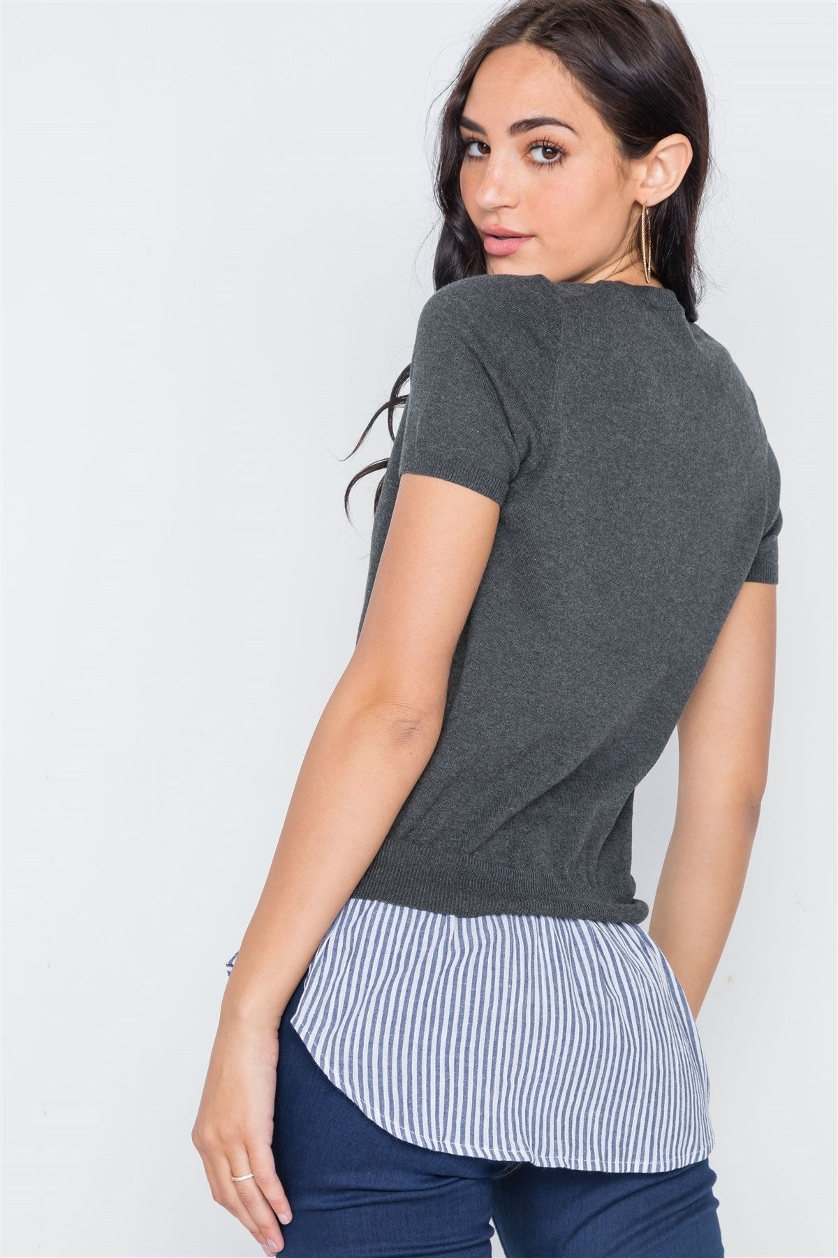Short Sleeve Combo Stripe Sweater