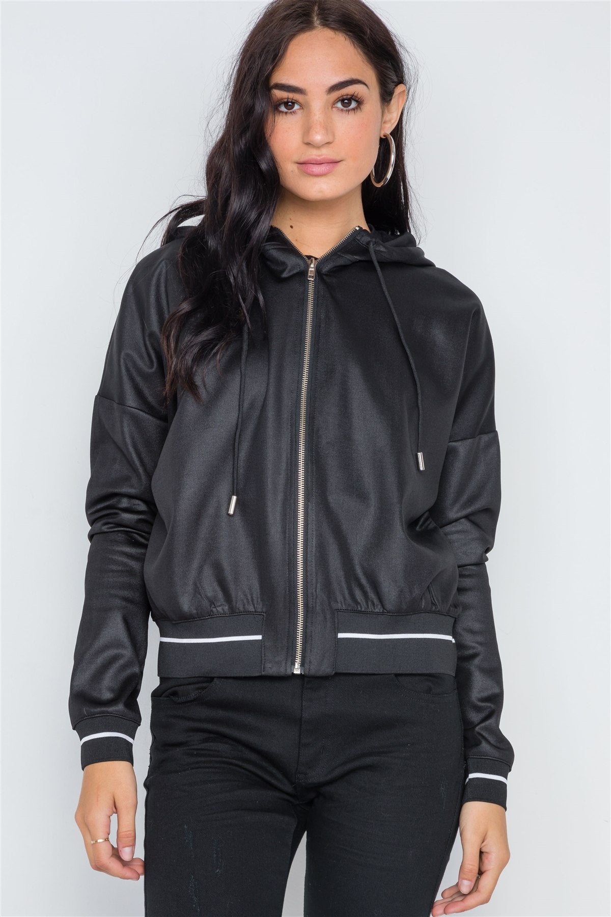 Black Striped Trim Hooded Long Sleeve Jacket