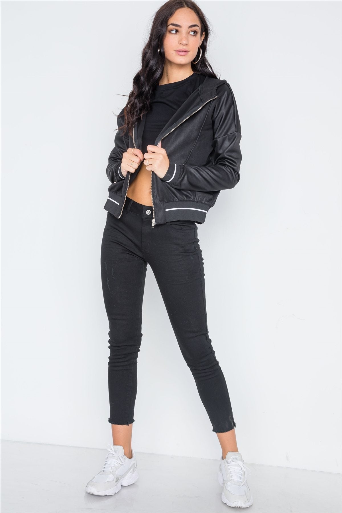 Black Striped Trim Hooded Long Sleeve Jacket
