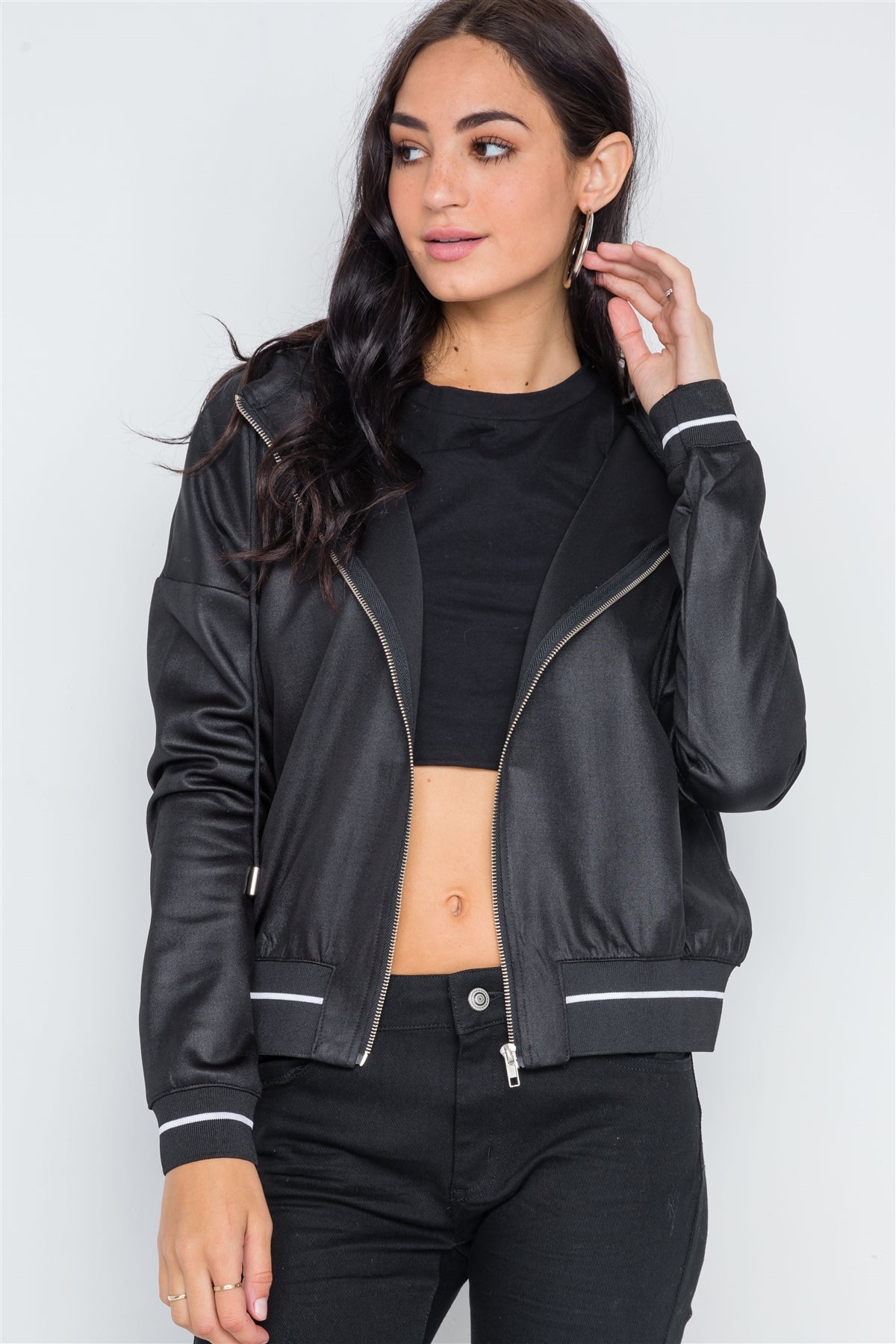Black Striped Trim Hooded Long Sleeve Jacket