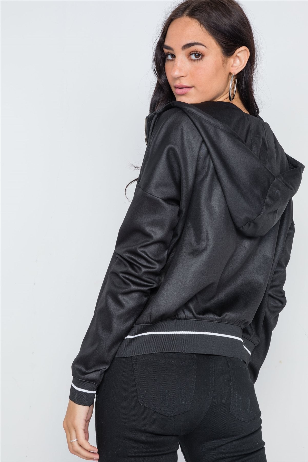 Black Striped Trim Hooded Long Sleeve Jacket