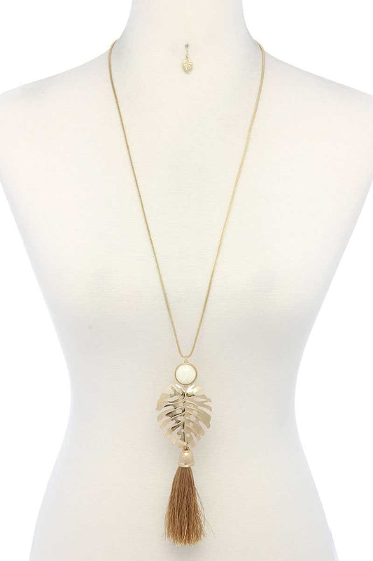 Tropical Leaf Pendant Tassel Necklace