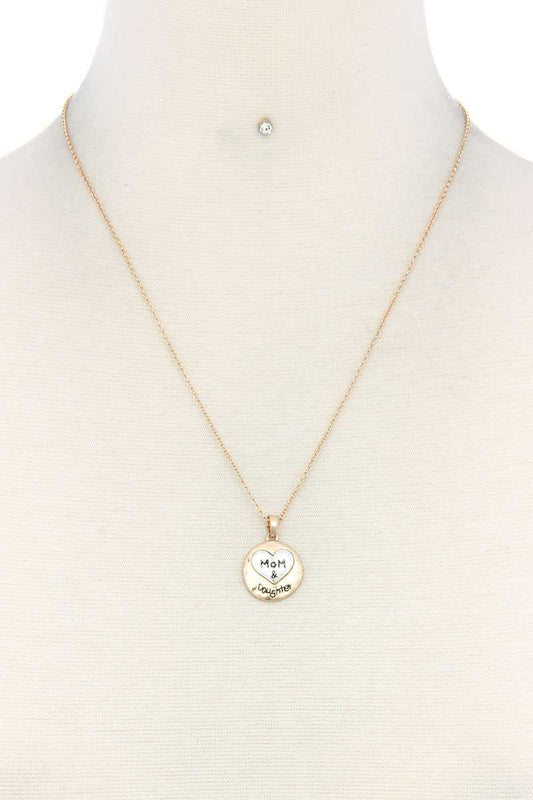 Mom Daughter Heart Round Charm Necklace