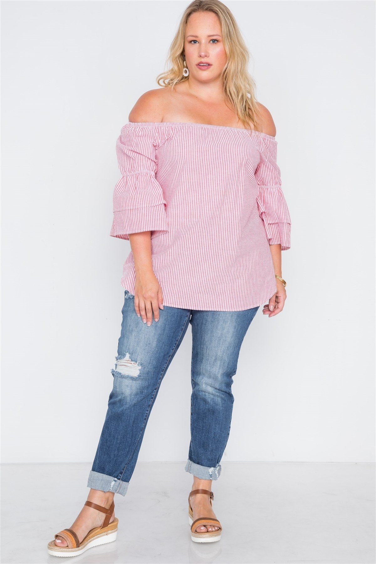 Plus Size 3/4 Bell Sleeves Striped Top