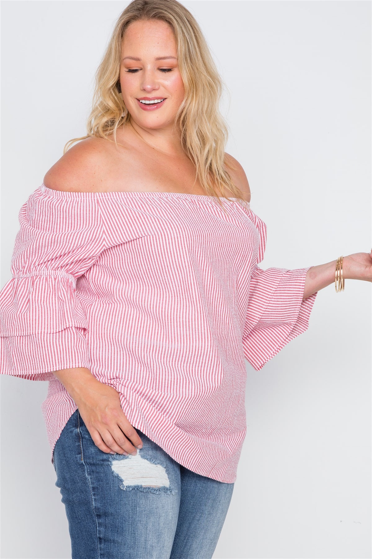 Plus Size 3/4 Bell Sleeves Striped Top