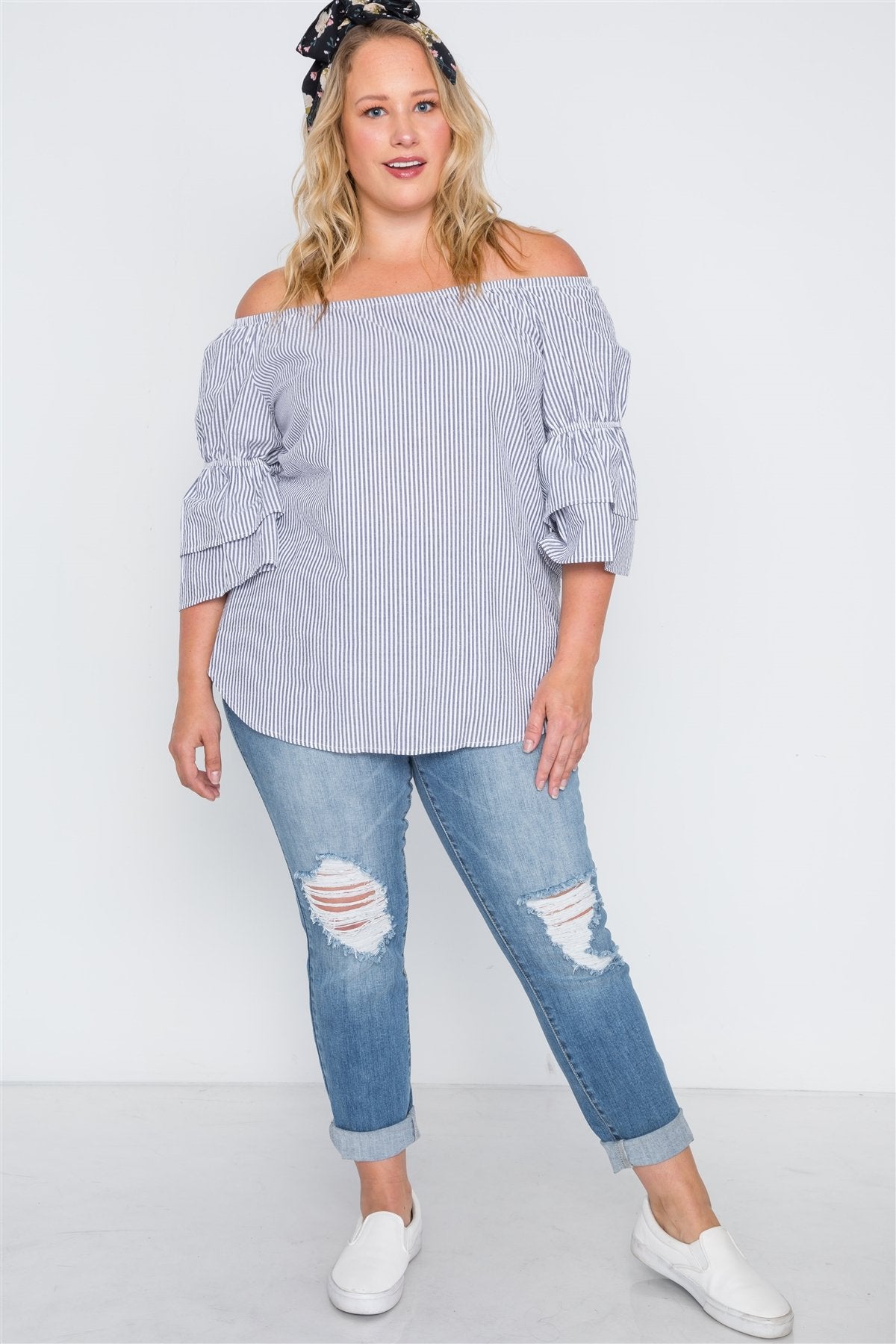Plus Size 3/4 Bell Sleeves Striped Top