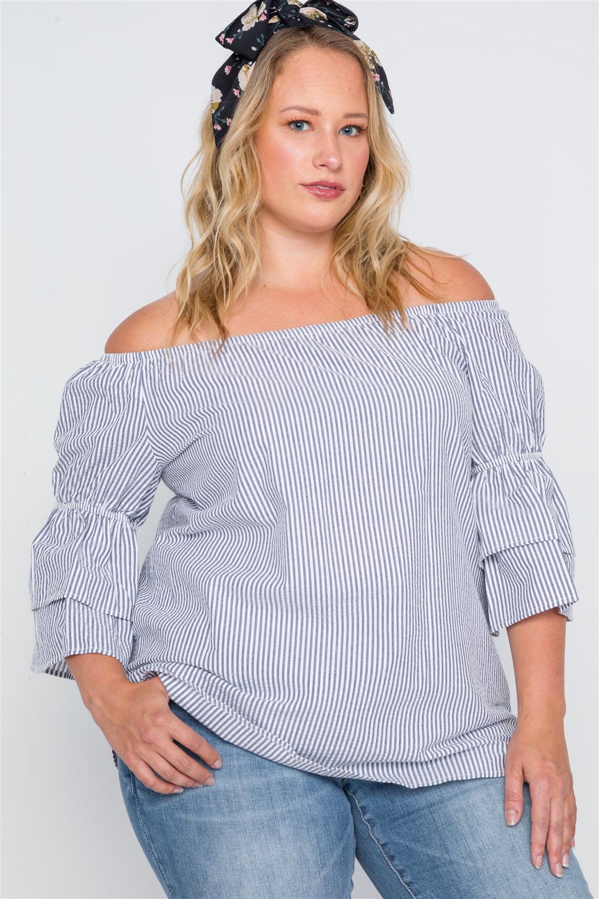 Plus Size 3/4 Bell Sleeves Striped Top