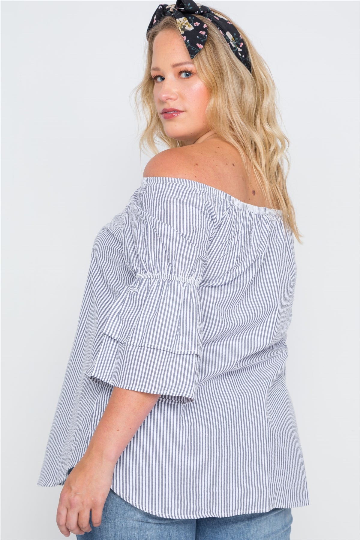 Plus Size 3/4 Bell Sleeves Striped Top