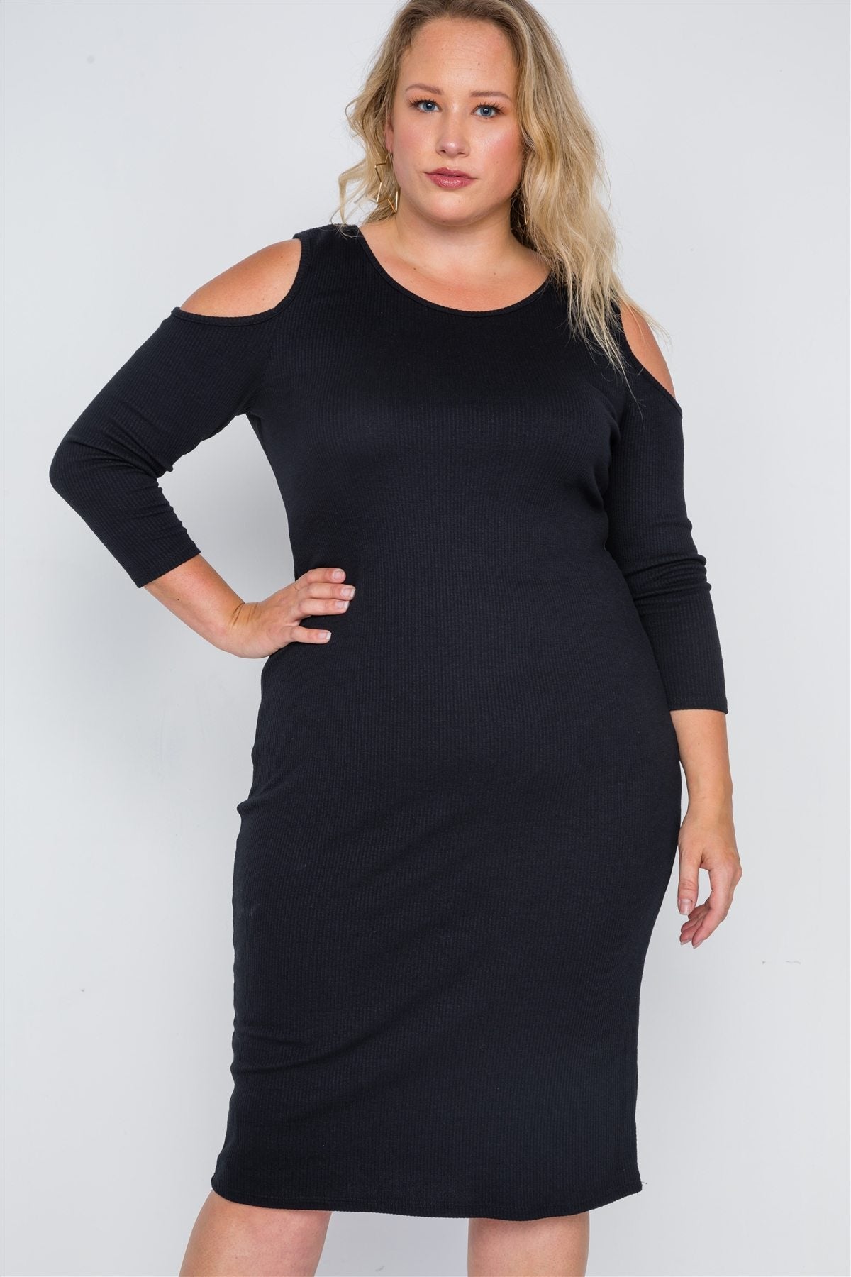 Plus Size Black Ribbed Cold Shoulder Bodycon Dress
