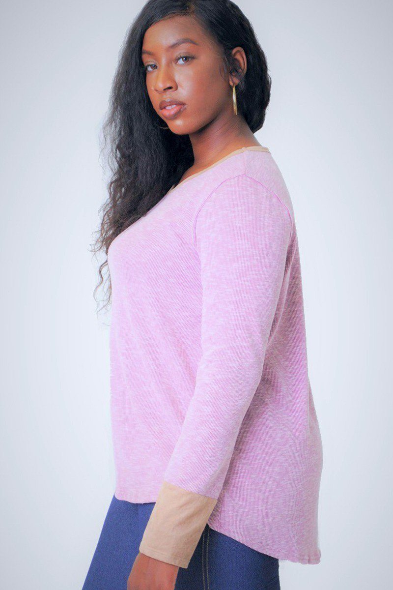 Solid, Waist Length Long Sleeve Top In A Relaxed Style With A Round Neck And Faux Suede Contrast Wrist Cuff.