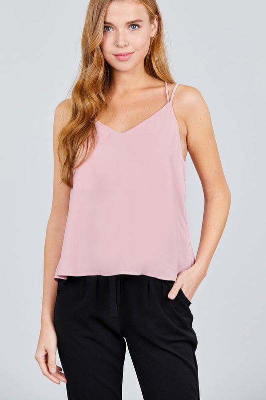 V-neck W/back Cross Strap Cami Woven Top