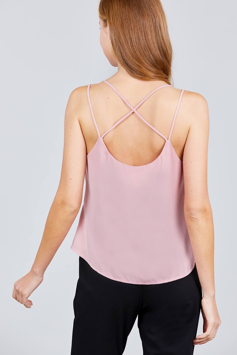 V-neck W/back Cross Strap Cami Woven Top