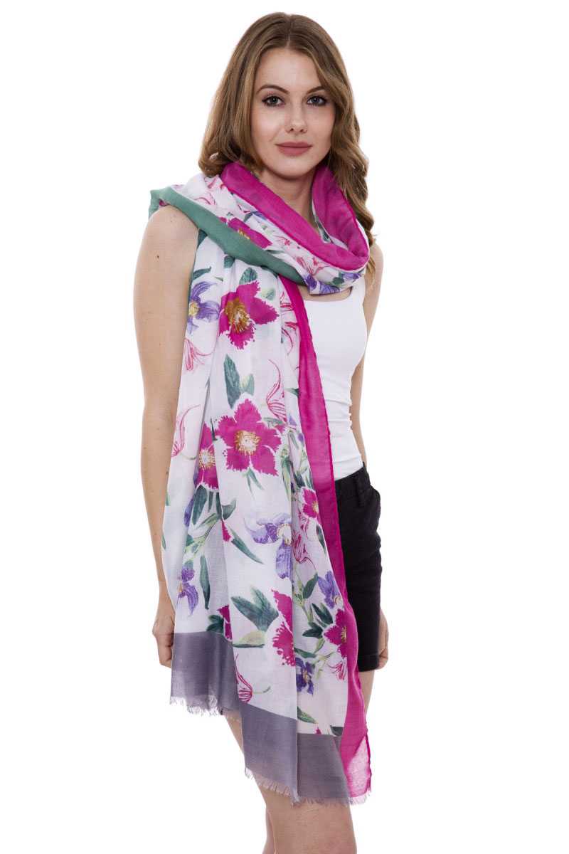 Soft Floral Print Oblong Scarf With Short Trim