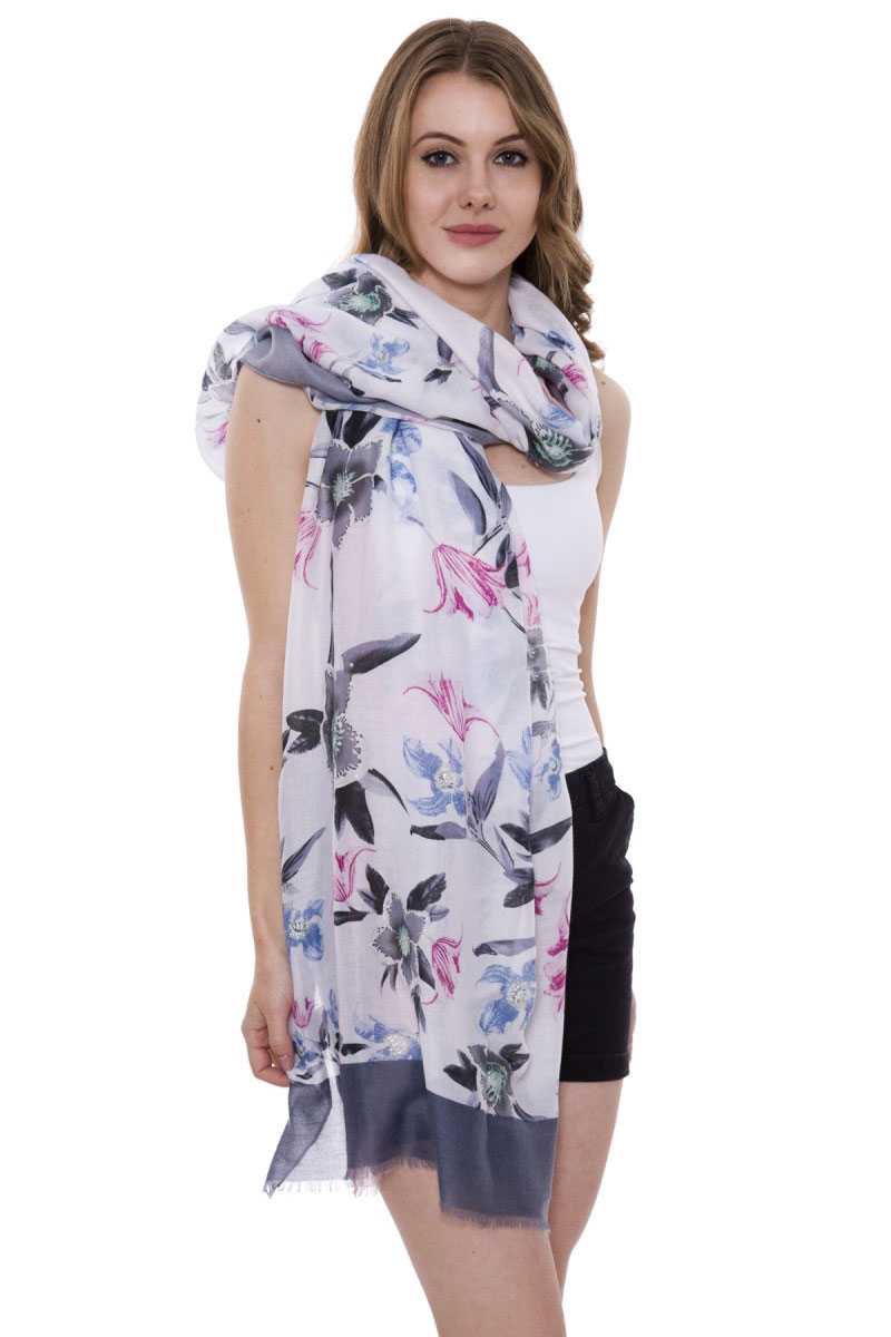 Soft Floral Print Oblong Scarf With Short Trim